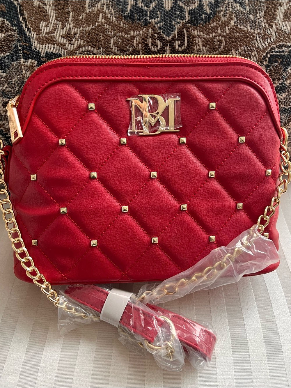 Badgley Mischka Quilted Red Crossbody with Gold Chain & Studs